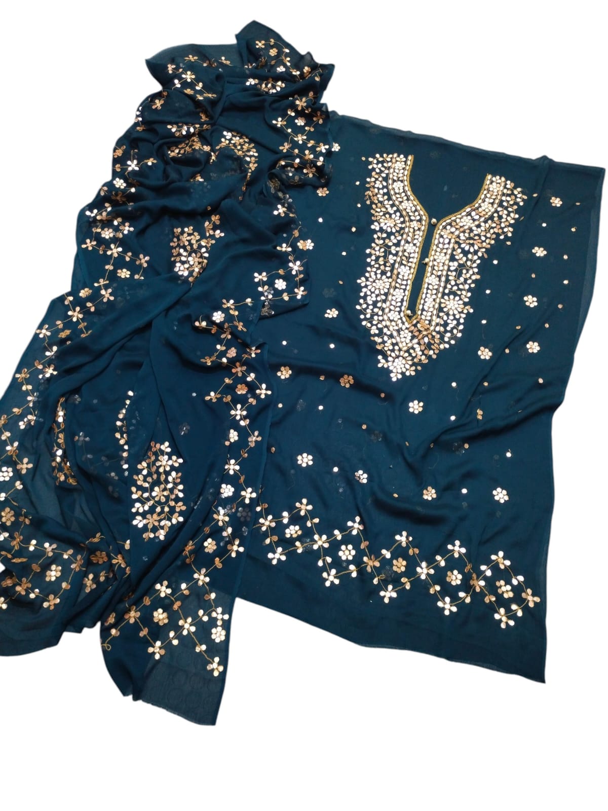 Handmade Press Gota Work Chiffon Suit - Teal Blue