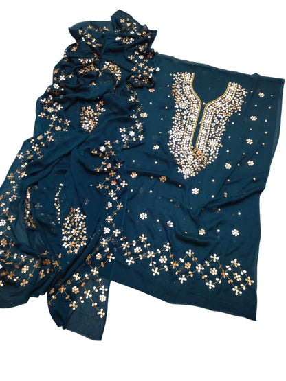 Handmade Press Gota Work Chiffon Suit - Teal Blue
