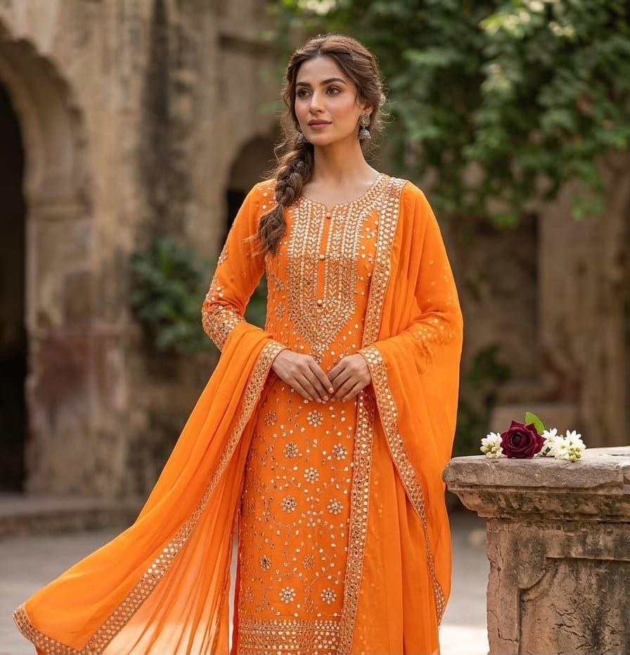 Handmade Press Gota Jaal Work Suit - 2Pc Shirt & Dupatta - Orange