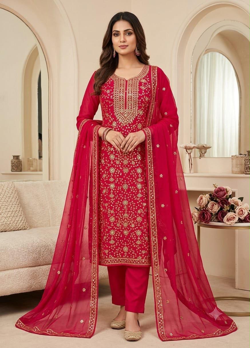 Handmade Press Gota Jaal Work Suit - 2Pc Shirt & Dupatta - Red