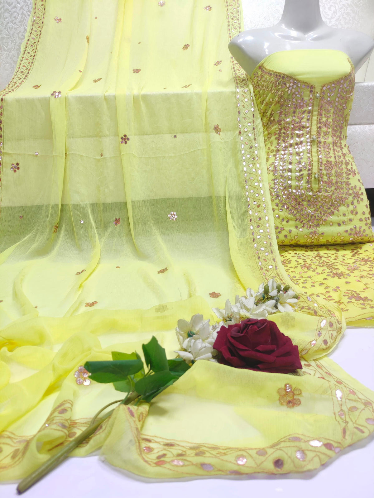 Handmade Press Gota Jaal Work Suit - 2Pc Shirt & Dupatta - Yellow