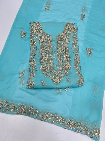 Handmade Seep Gota & Pearl Work Suit - Ferozi