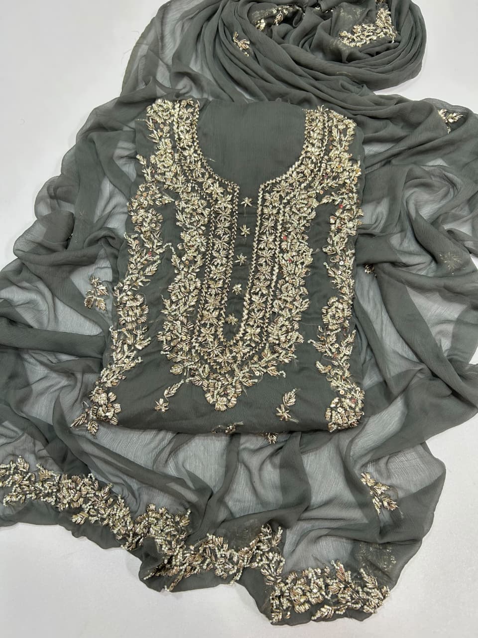 Handmade Seep Gota & Pearl Work Suit - Grey