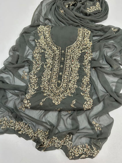 Handmade Seep Gota & Pearl Work Suit - Grey