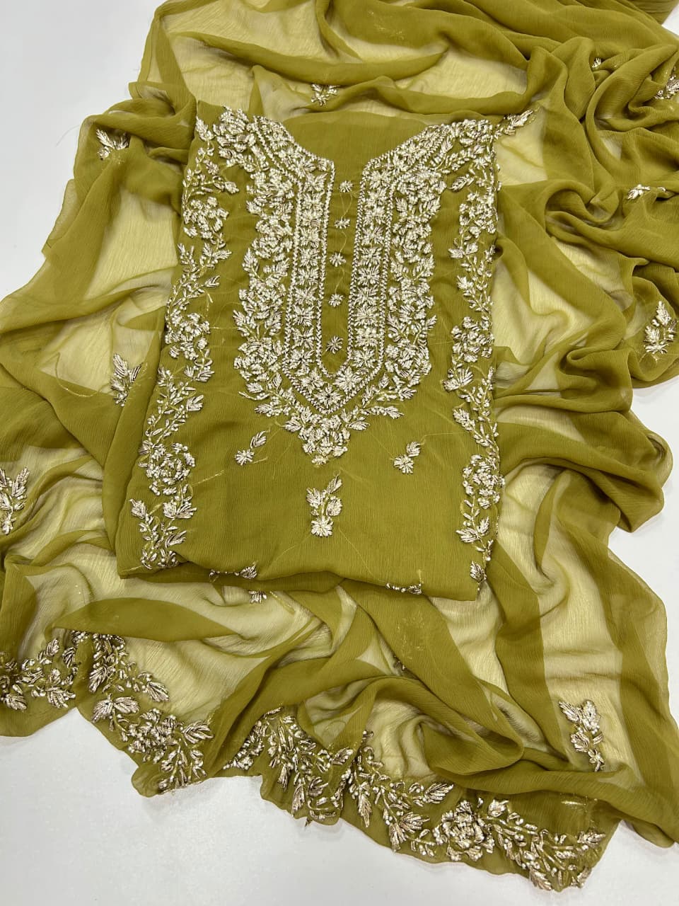 Handmade Seep Gota & Pearl Work Suit - Light Olive