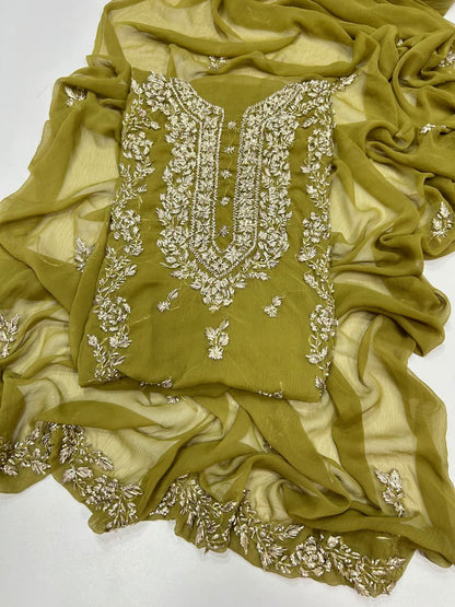 Handmade Seep Gota & Pearl Work Suit - Light Olive