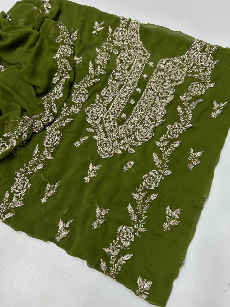 Handmade Seep Gota & Pearl Work Suit - Mehndi Green