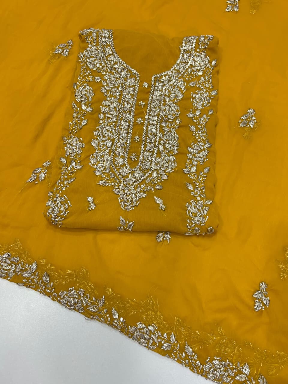 Handmade Seep Gota & Pearl Work Suit - Mustard