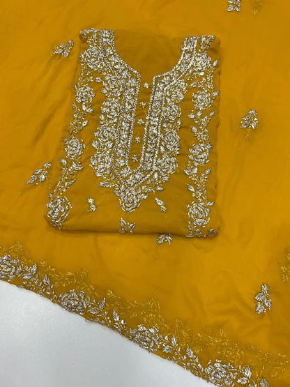 Handmade Seep Gota & Pearl Work Suit - Mustard