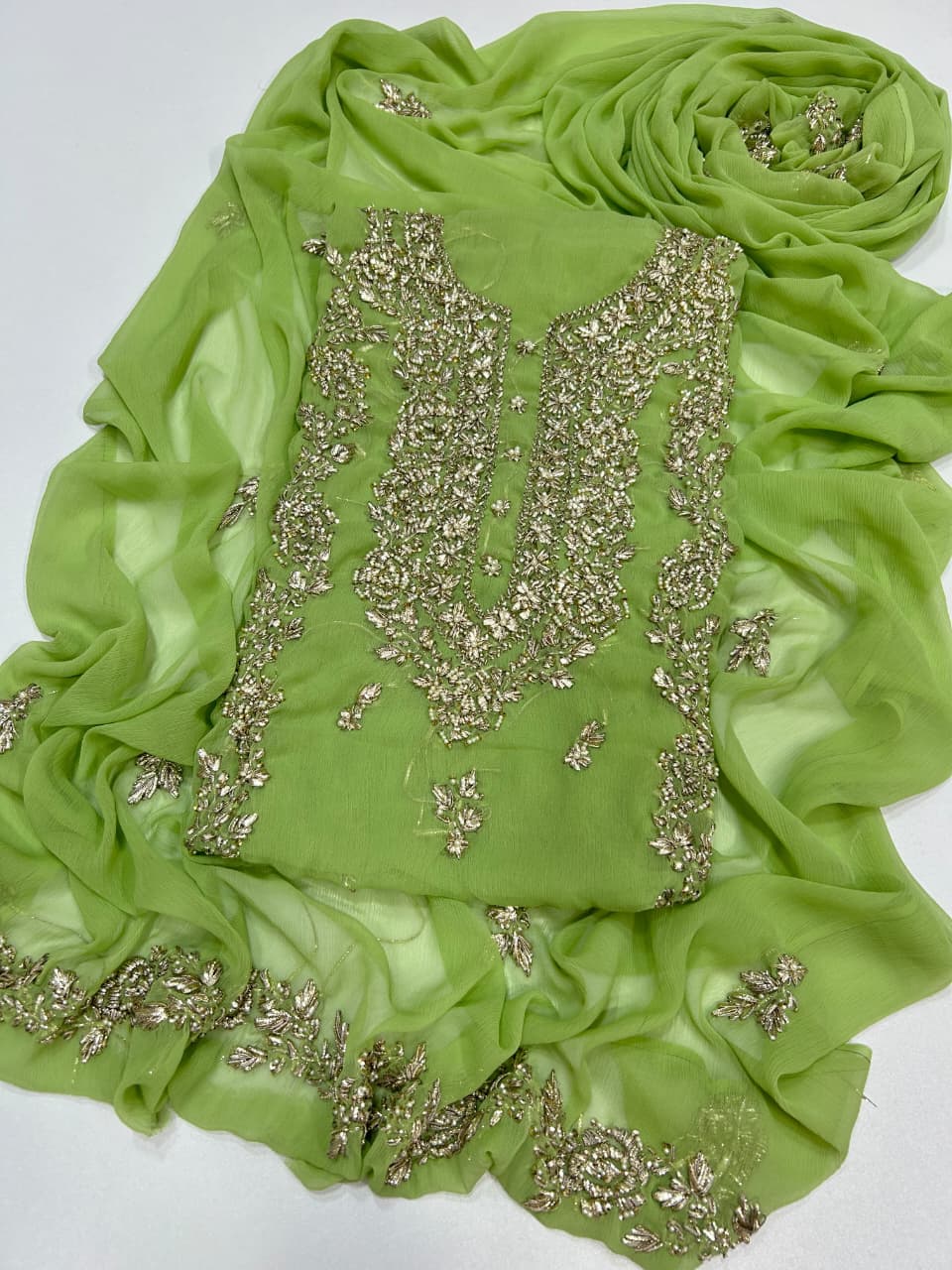 Handmade Seep Gota & Pearl Work Suit - Parrot Green