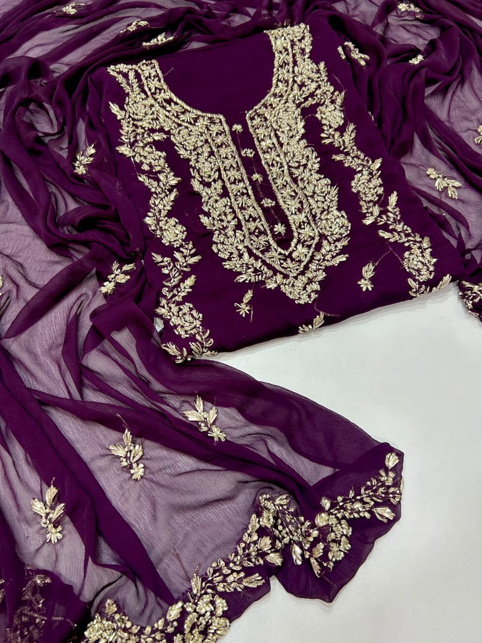 Handmade Seep Gota & Pearl Work Suit - Purple