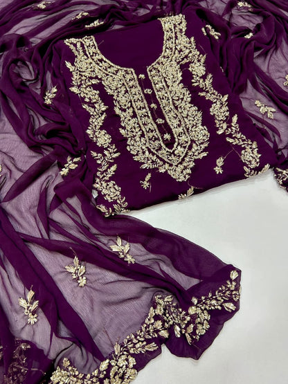 Handmade Seep Gota & Pearl Work Suit - Purple