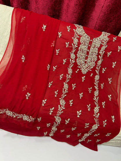 Handmade Seep Gota & Pearl Work Suit - Red