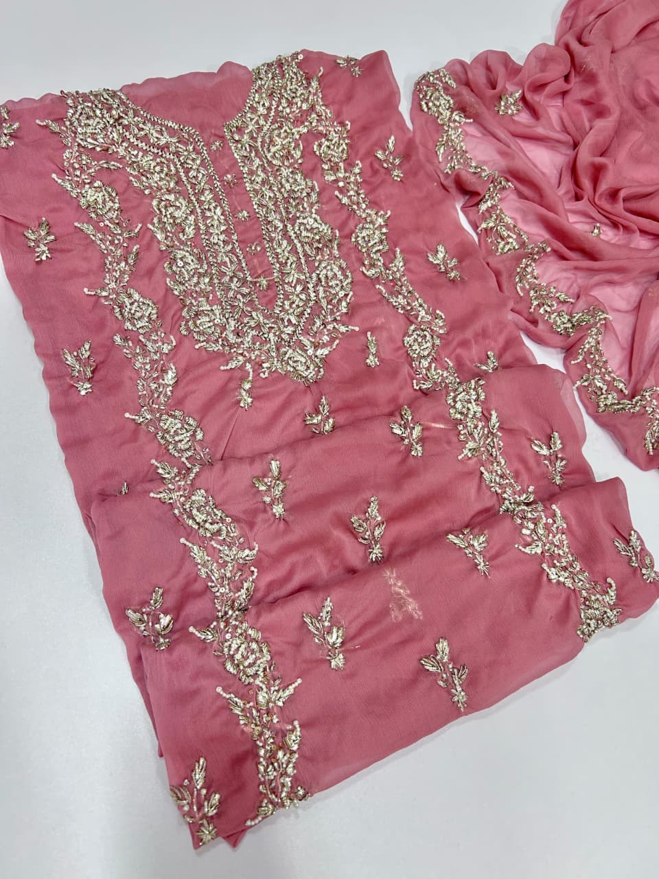 Handmade Seep Gota & Pearl Work Suit - Rose Pink