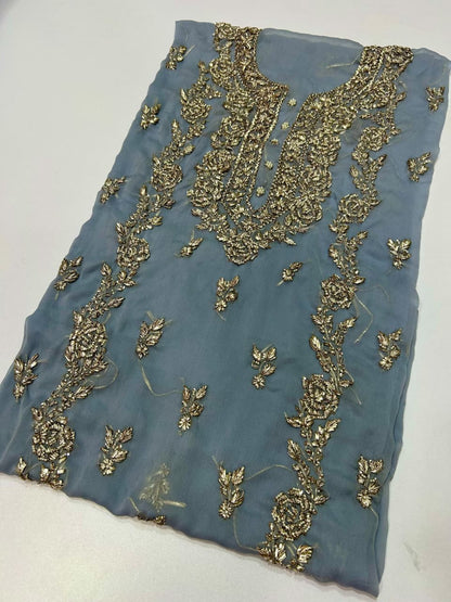 Handmade Seep Gota & Pearl Work Suit - Steel Blue