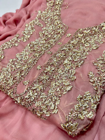 Handmade Seep Gota & Pearl Work Suit - Tea Pink close-up of seep gota and pearls