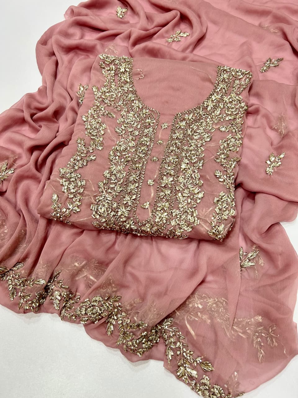 Handmade Seep Gota & Pearl Work Suit - Tea Pink