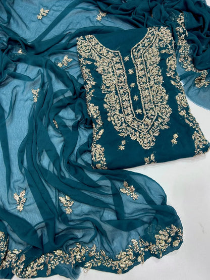 Handmade Seep Gota & Pearl Work Suit - Teal