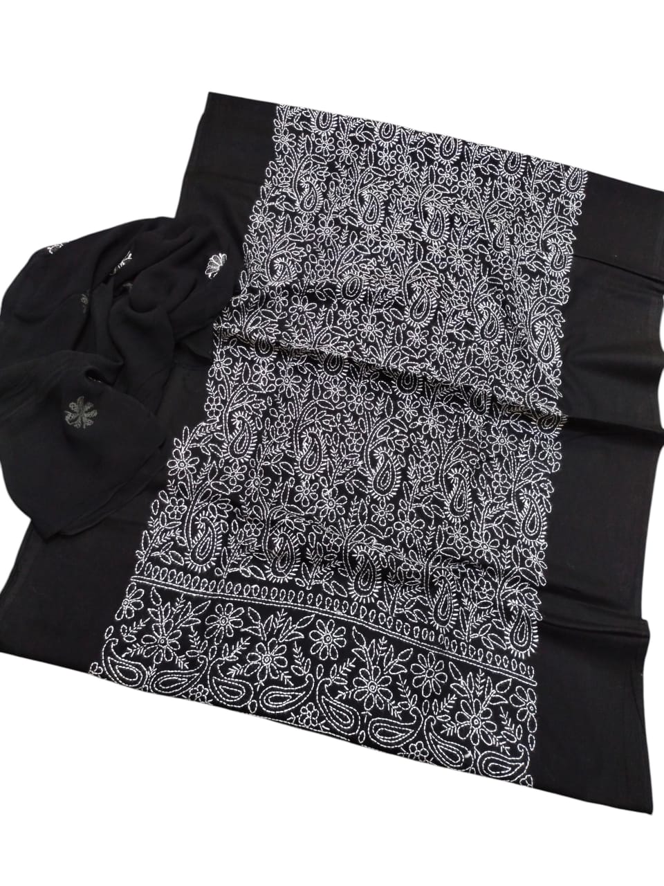 Handmade Shadow Chikankari 3Pc Cotton Suit - Black