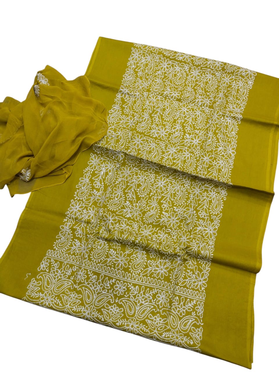 Handmade Shadow Chikankari 3Pc Cotton Suit - Mustard