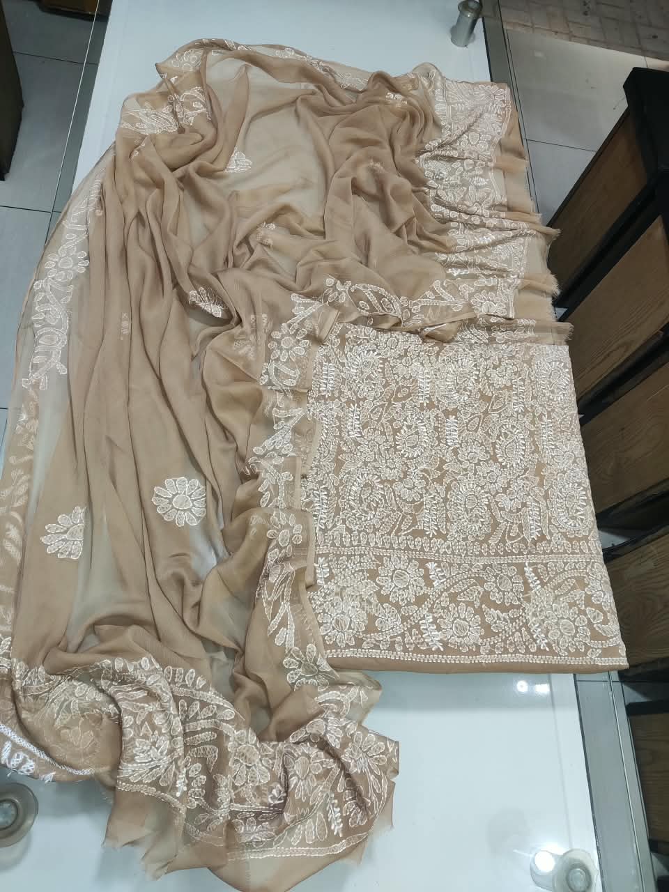 Handmade Shadow Chikankari Jaal Suit - Beige