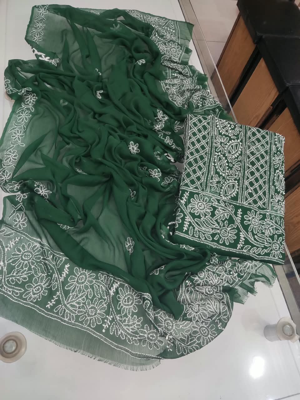 Handmade Shadow Chikankari Jaal Suit - Bottle Green