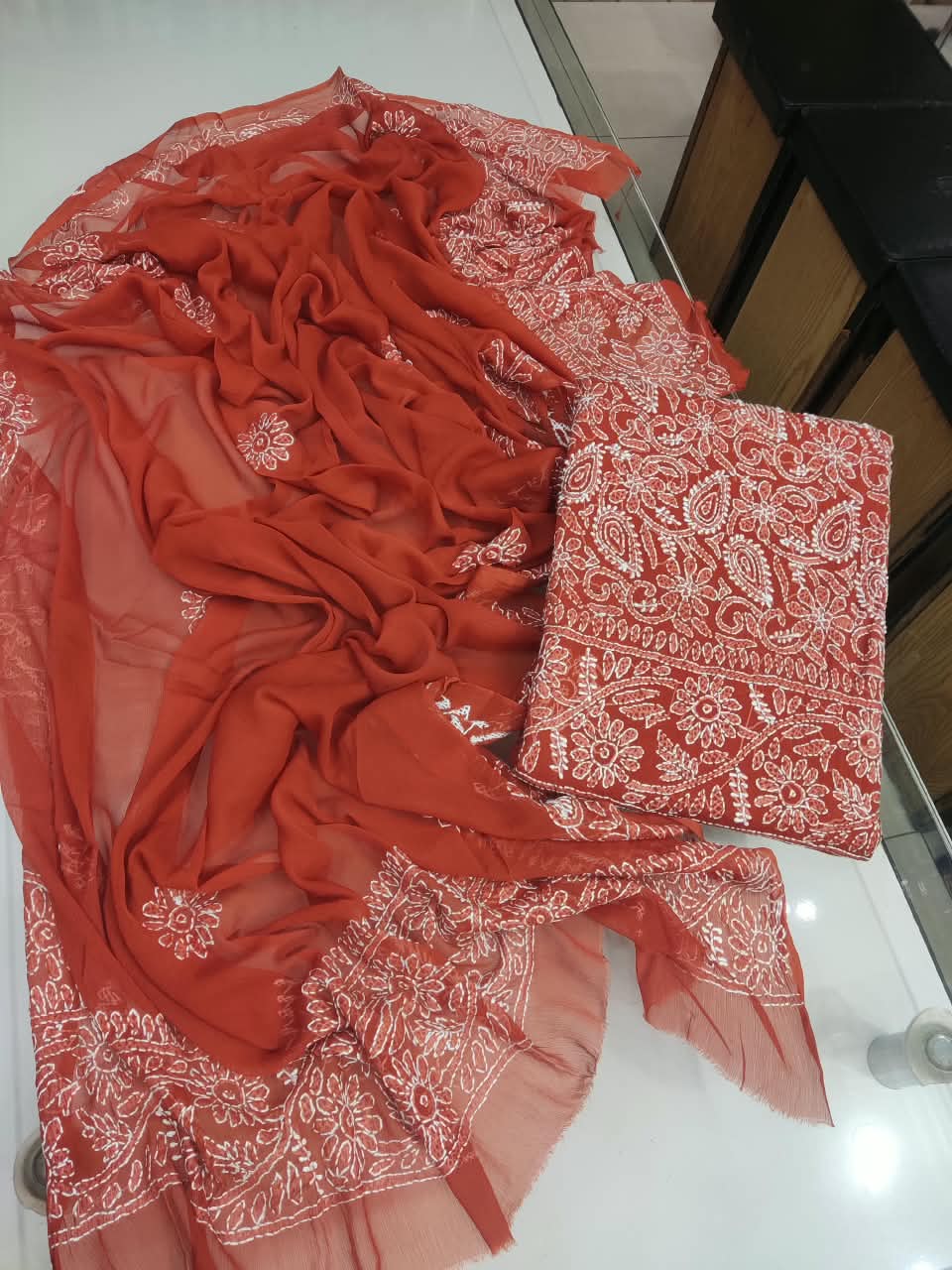 Handmade Shadow Chikankari Jaal Suit - Brick Red
