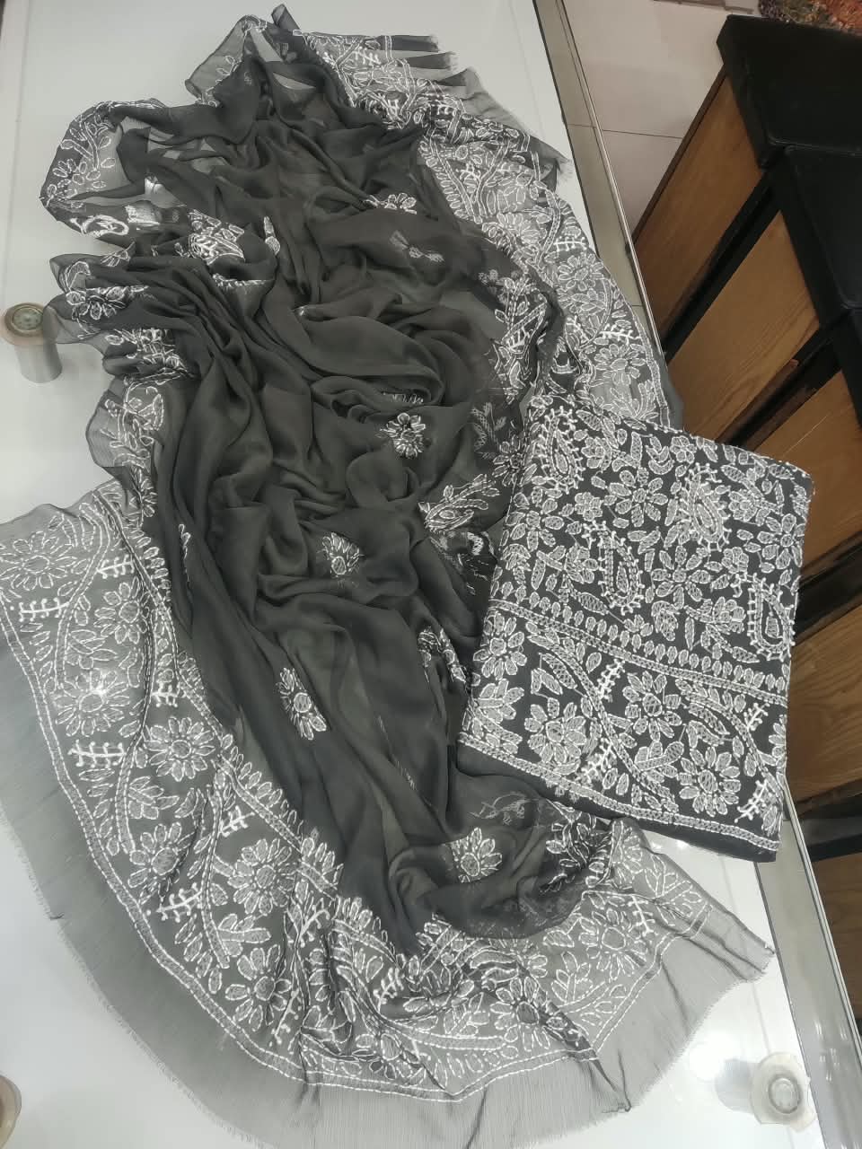 Handmade Shadow Chikankari Jaal Suit - Charcoal Grey