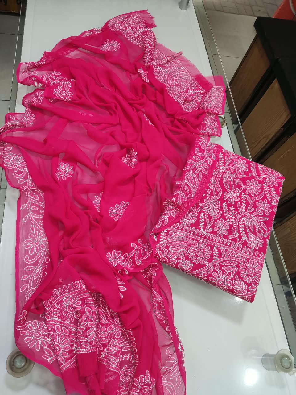 Handmade Shadow Chikankari Jaal Suit - Hot Pink