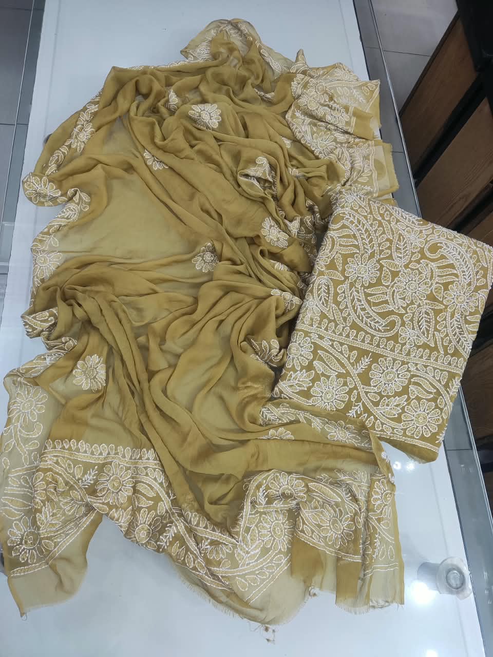 Handmade Shadow Chikankari Jaal Suit - Khaki