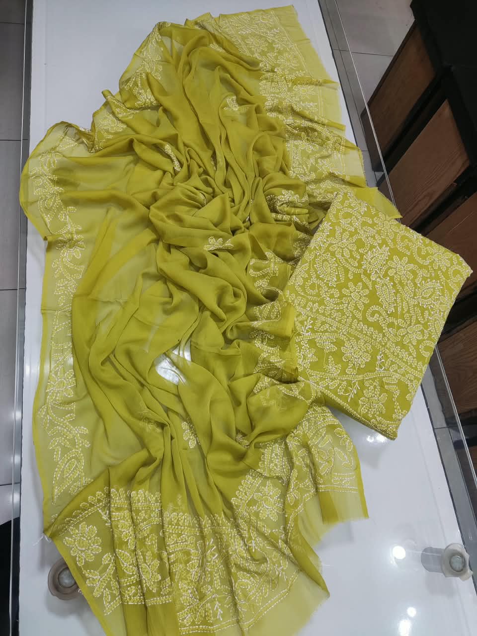 Handmade Shadow Chikankari Jaal Suit - Lime Green