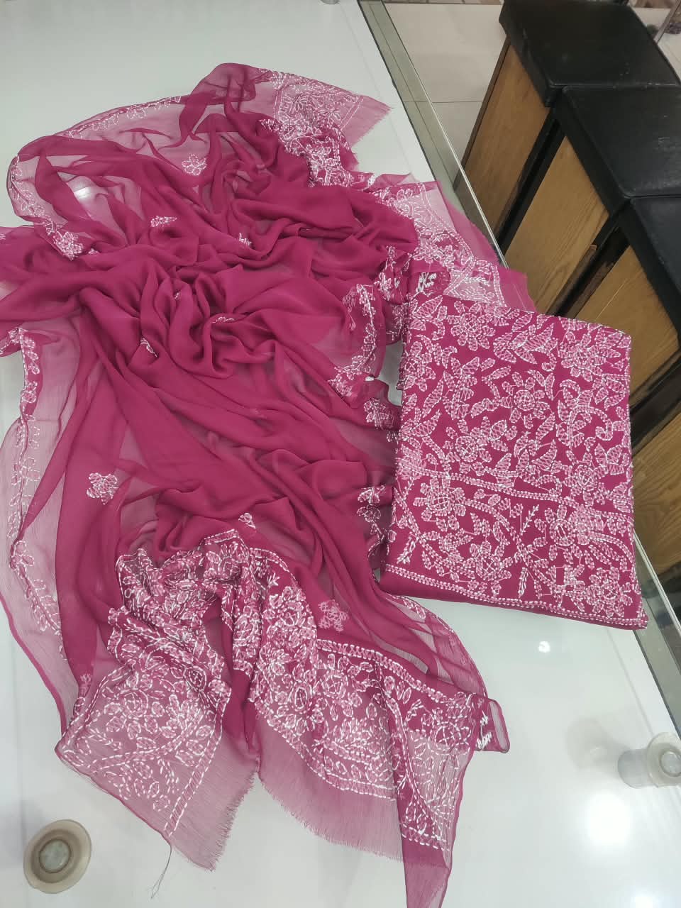 Handmade Shadow Chikankari Jaal Suit - Magenta