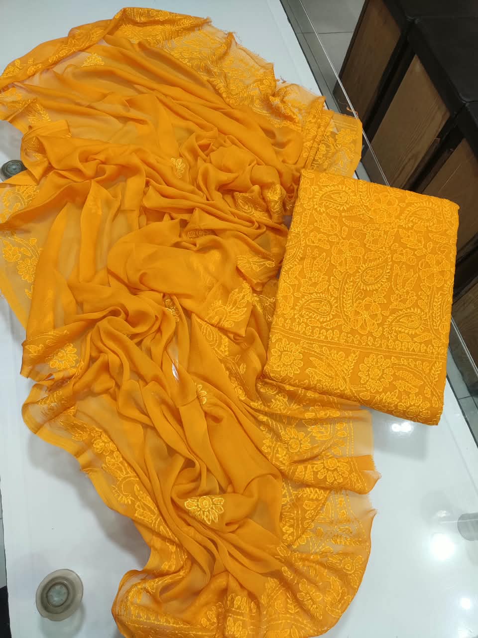 Handmade Shadow Chikankari Jaal Suit - Mango Yellow