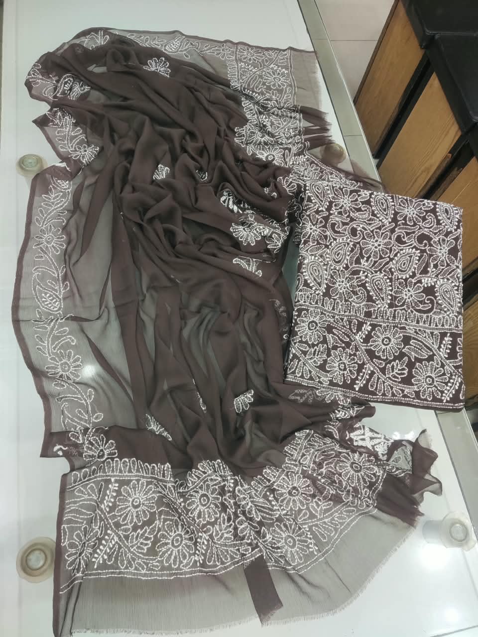 Handmade Shadow Chikankari Jaal Suit - Mocha Brown