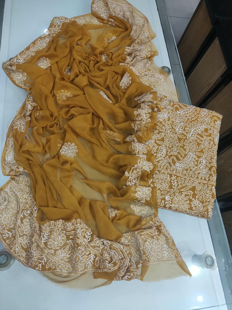 Handmade Shadow Chikankari Jaal Suit - Mustard