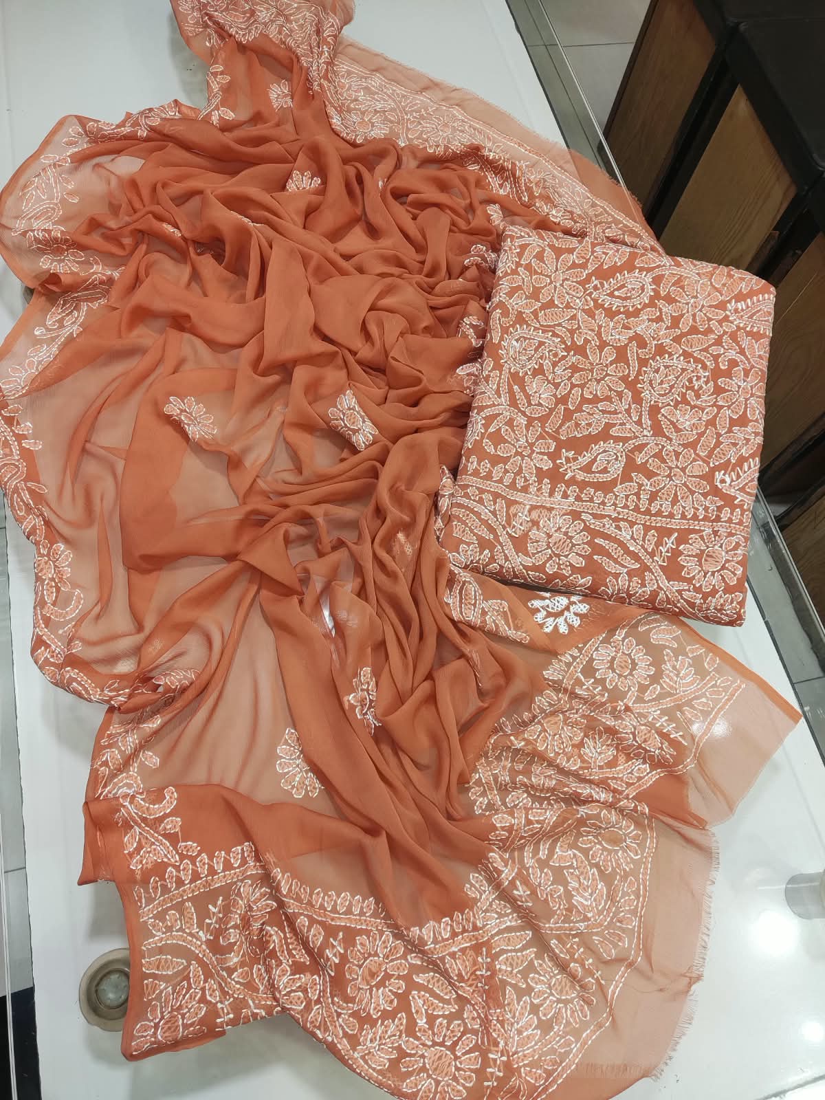 Handmade Shadow Chikankari Jaal Suit - Peach