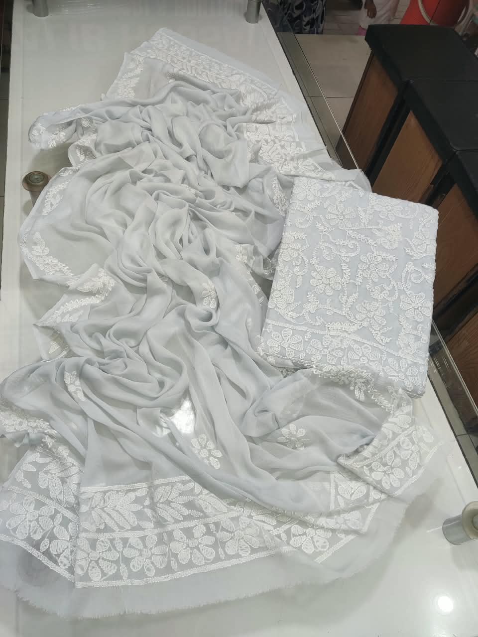 Handmade Shadow Chikankari Jaal Suit - Pearl White