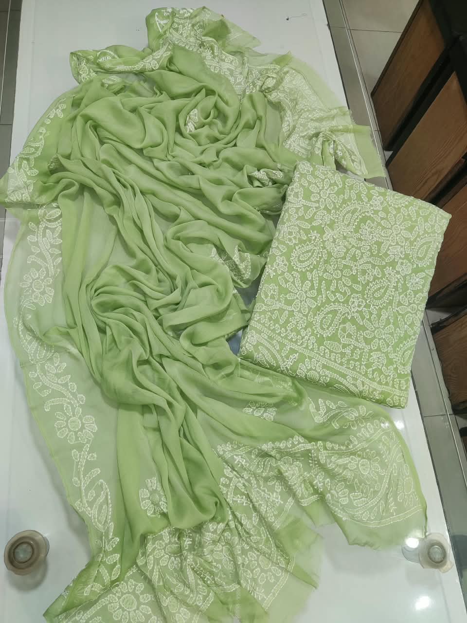 Handmade Shadow Chikankari Jaal Suit - Pista Green