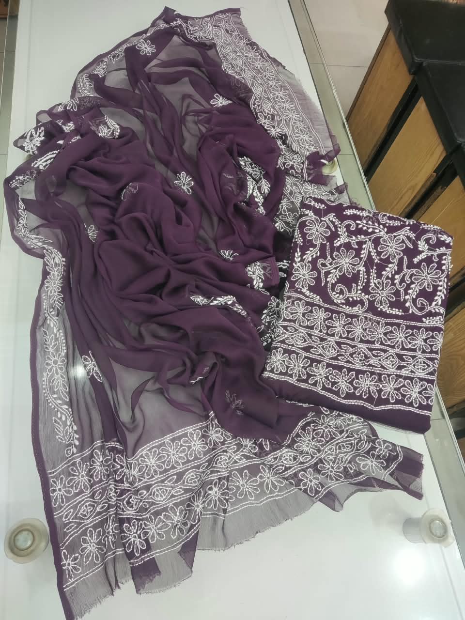 Handmade Shadow Chikankari Jaal Suit - Plum