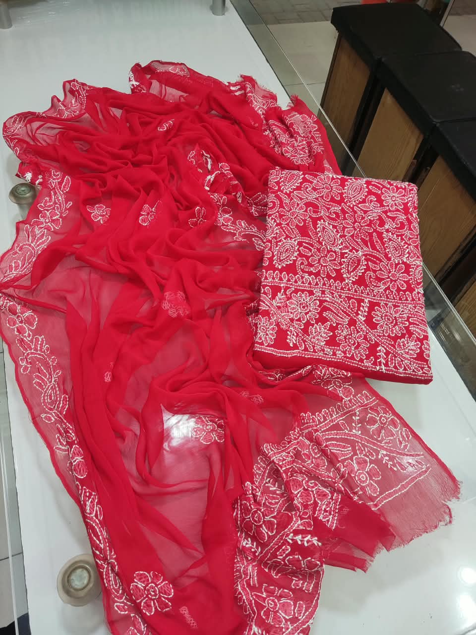 Handmade Shadow Chikankari Jaal Suit - Red
