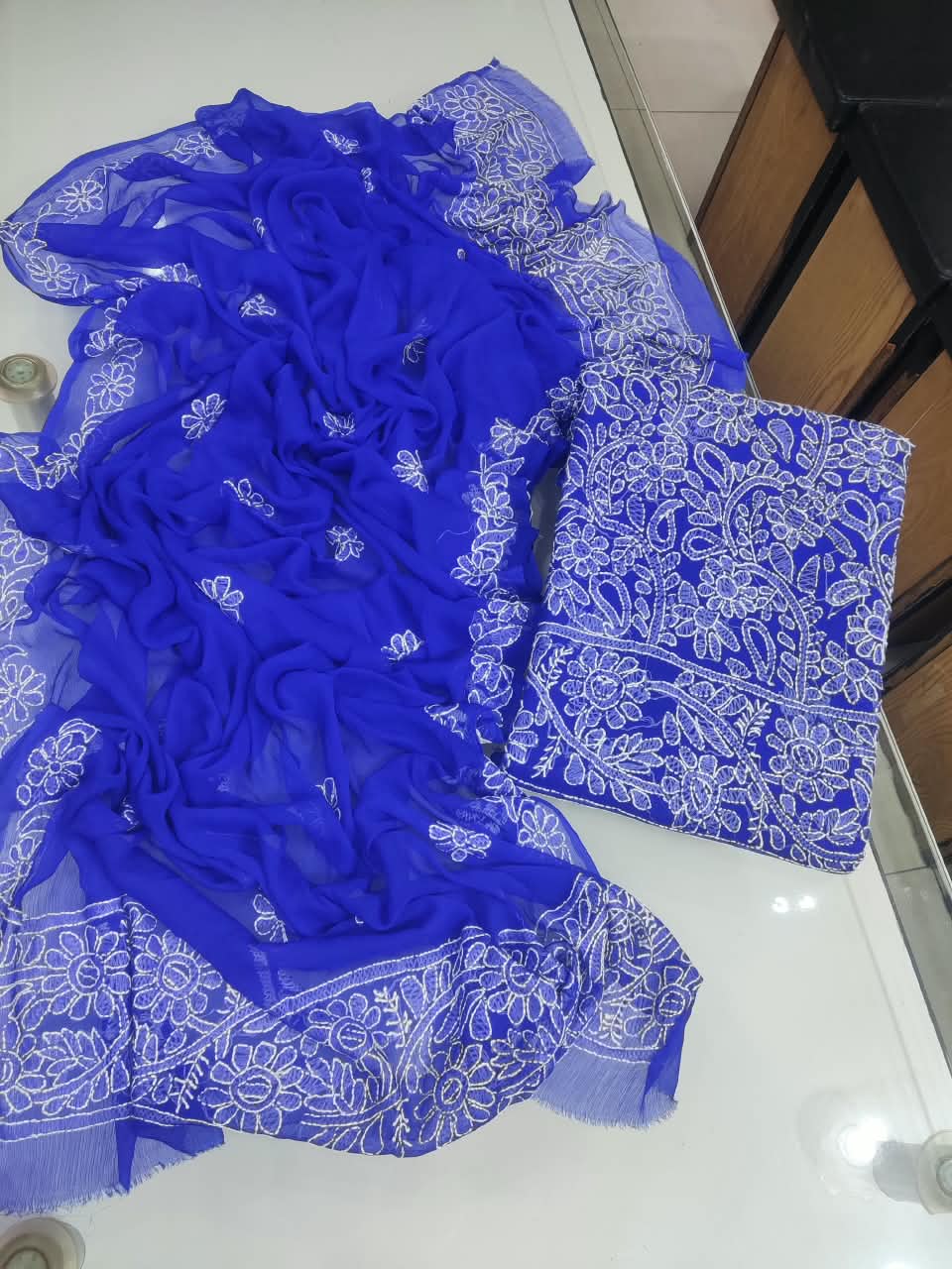 Handmade Shadow Chikankari Jaal Suit - Royal Blue