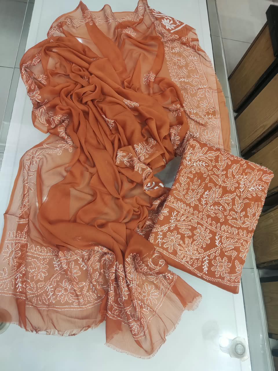 Handmade Shadow Chikankari Jaal Suit - Rust