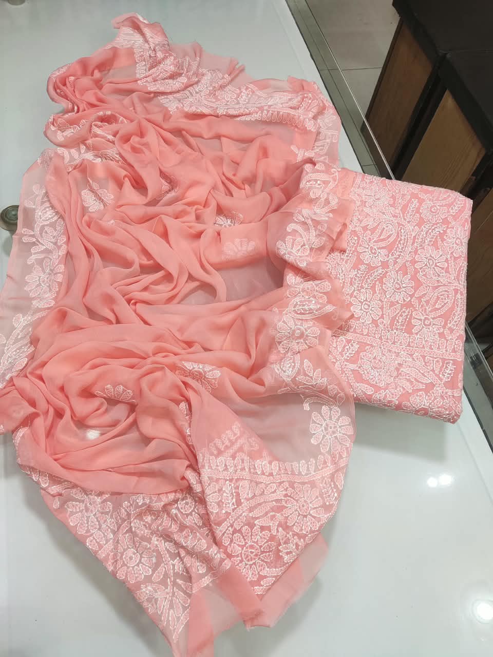 Handmade Shadow Chikankari Jaal Suit - Tea Pink