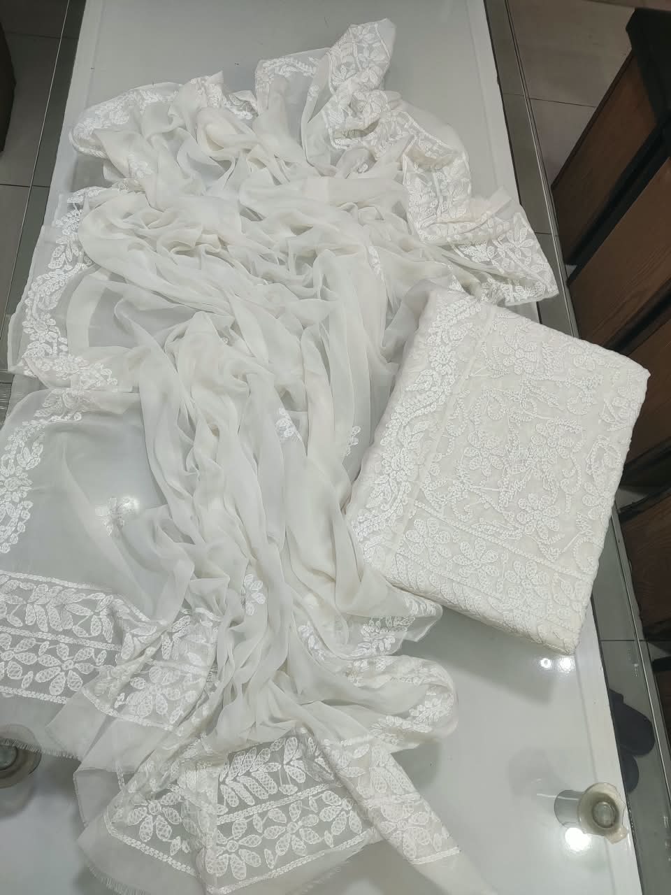 Handmade Shadow Chikankari Jaal Suit - White