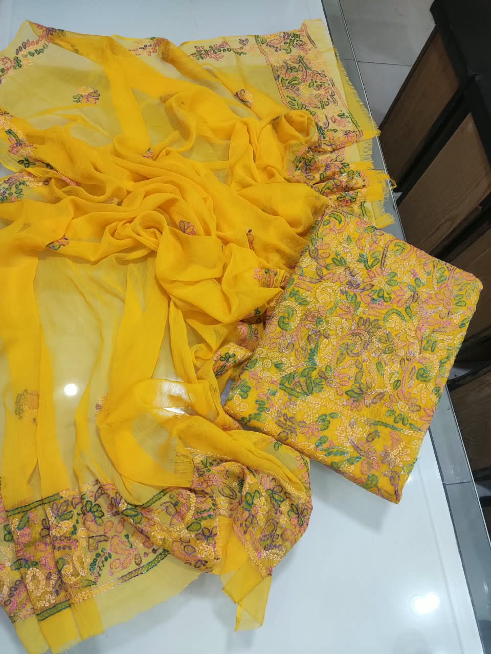 Handmade Shadow Chikankari Jaal Suit - Yellow Floral