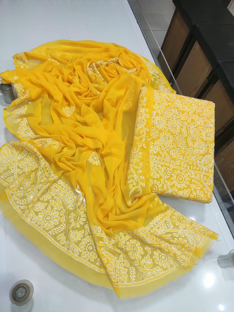 Handmade Shadow Chikankari Jaal Suit - Yellow