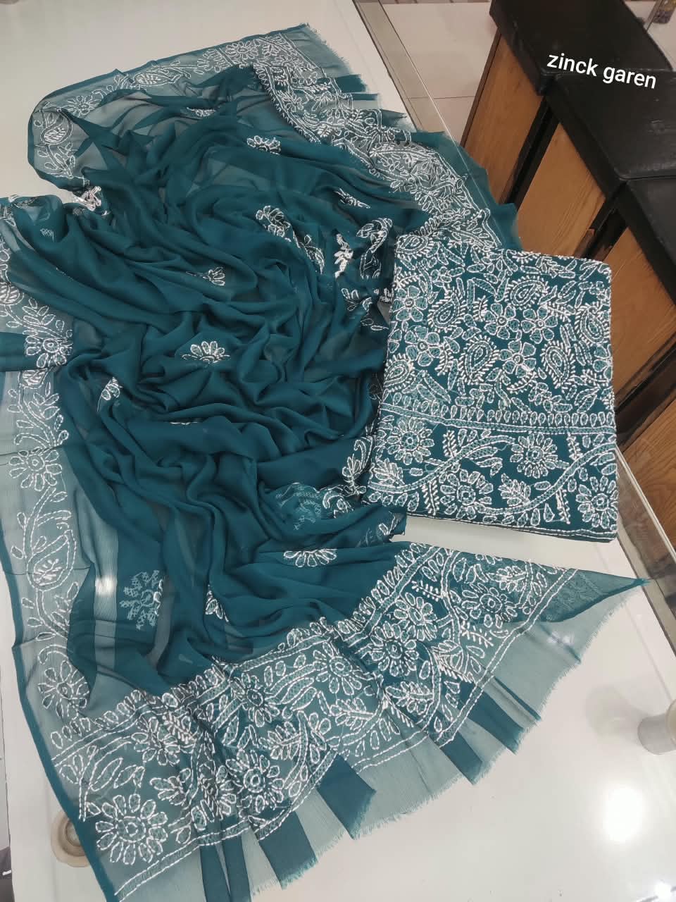 Handmade Shadow Chikankari Jaal Suit - Zinc Green