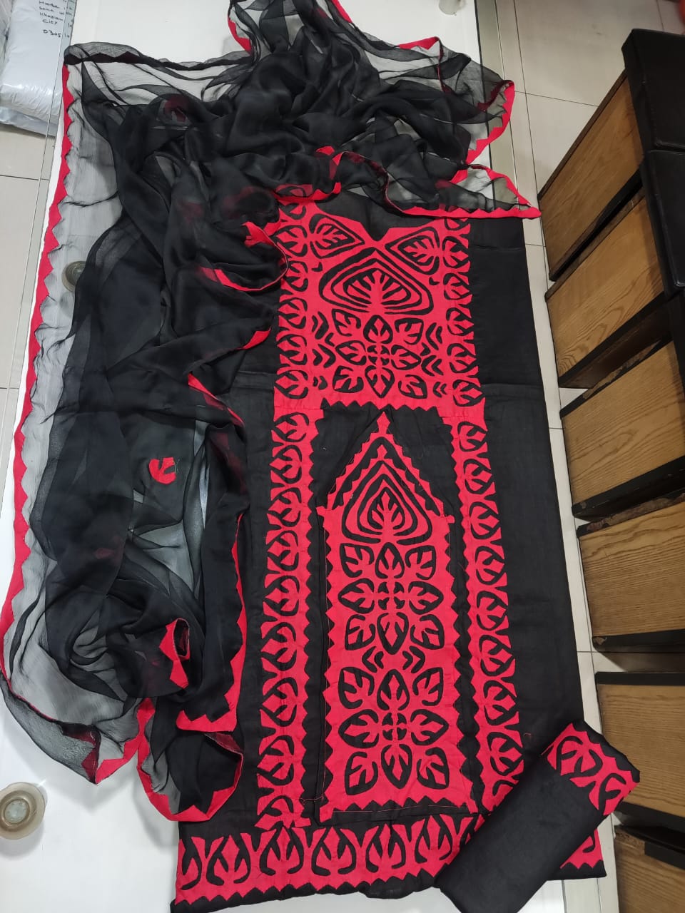 Handmade Sindhi Applique Panel Suit - Black & Red