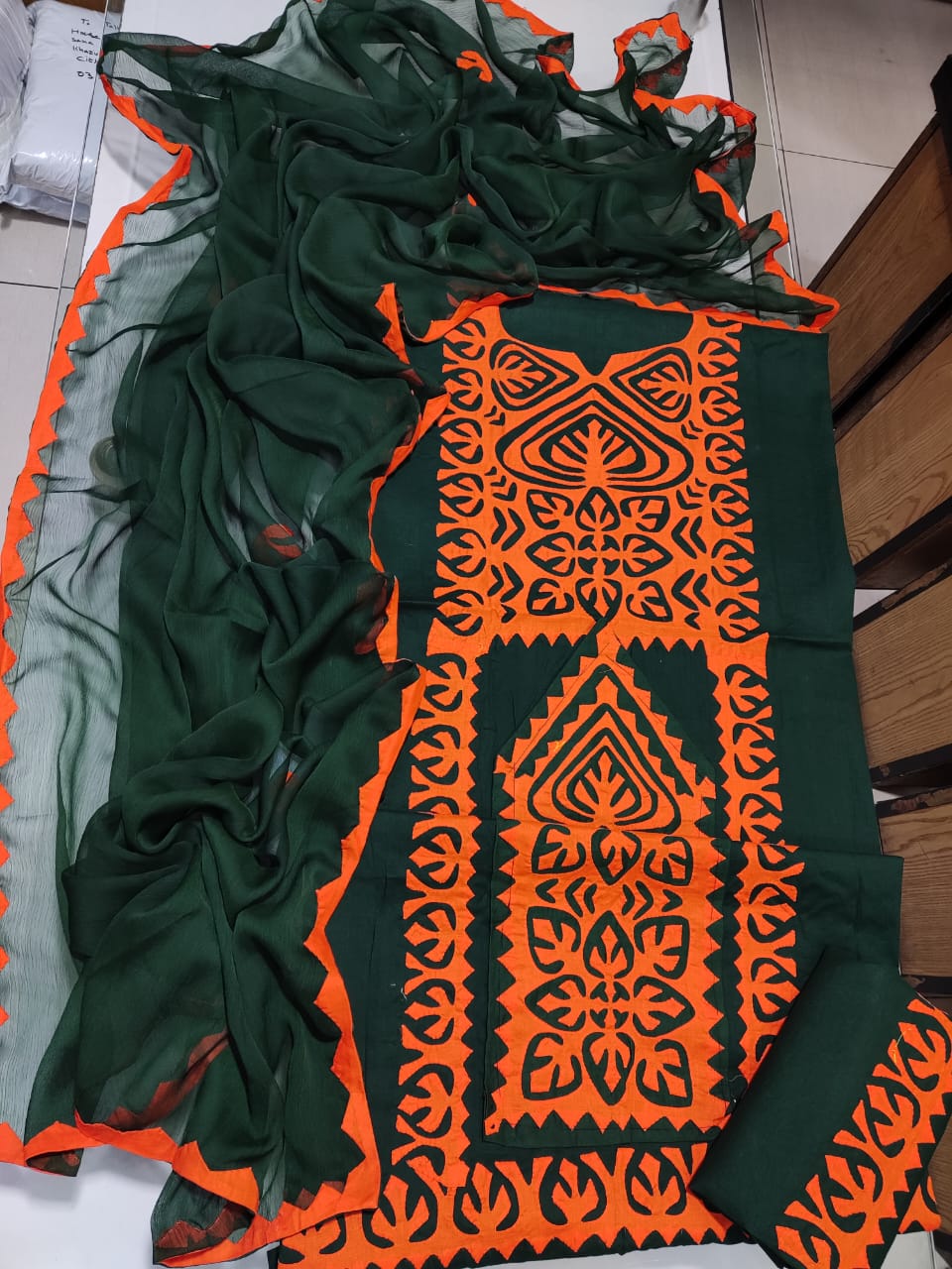 Handmade Sindhi Applique Panel Suit - Bottle Green & Orange
