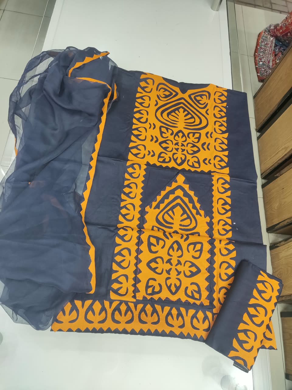 Handmade Sindhi Applique Panel Suit - Grey & Mustard